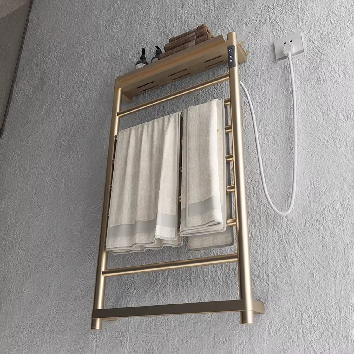 Sèche-serviettes électrique avec tablette doré brossé